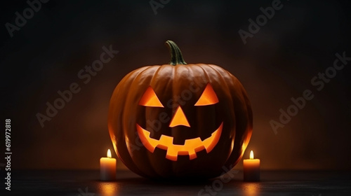 Halloween pumpkin and candles. Generative AI © Framefolio