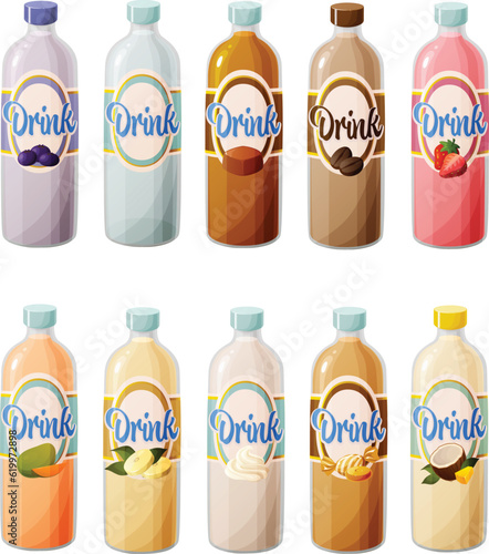 Cute vector illustration of various milk or dairy drinks in glass bottles.