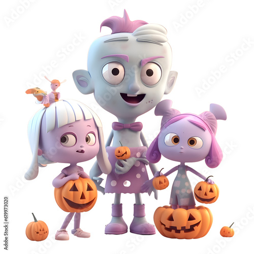 Halloween family with pumpkins and ghosts - 3D Illustration