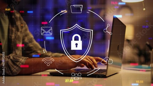 Working artificial intelligence. laptop in neon light with computer VPN, virtual network,internet,cyber security, cybercrime protection. Secure online payments, digital wallet, mobile wallet security