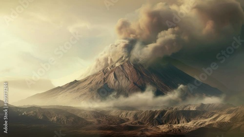 4K video mountain or volcano landscape. Smoke from the crater in the mountain.
