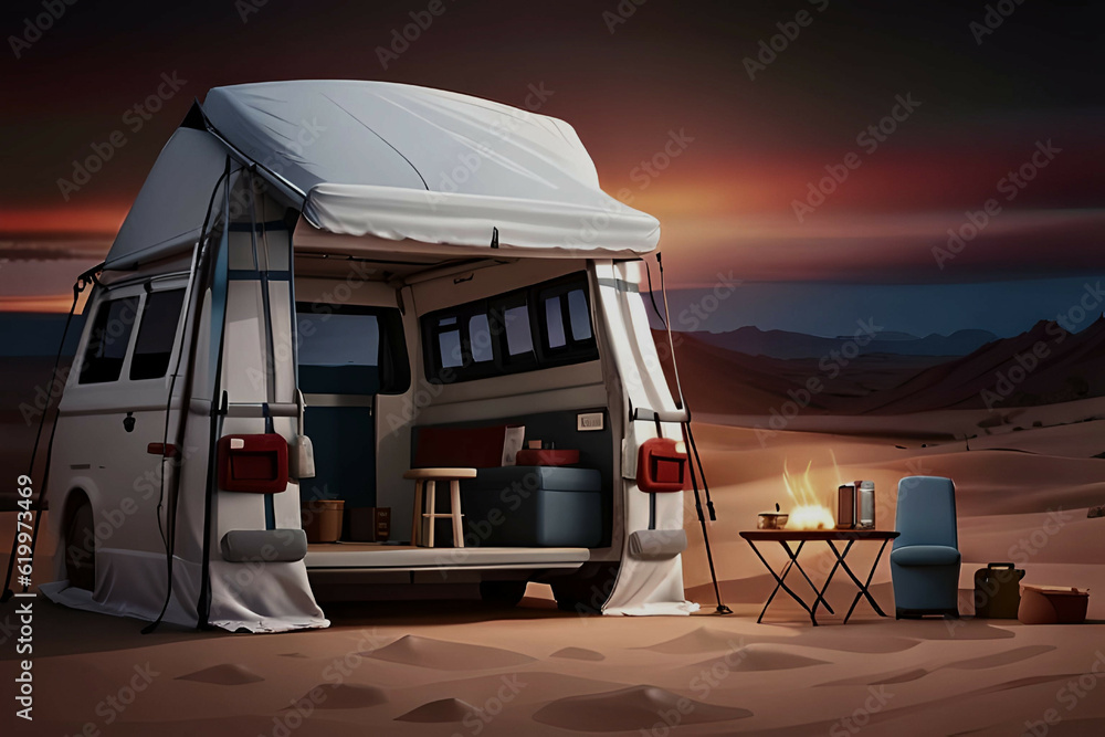 Camping in the desert in the middle of nowhere use classic van