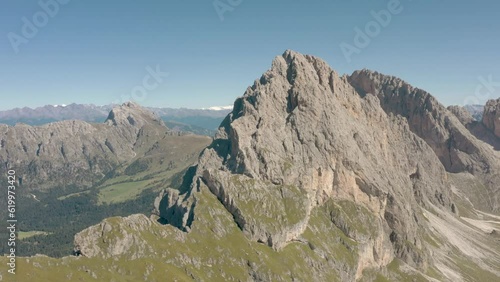 Seceda Aerial drone view flying above a peaceful alpine mountain top trekking area of the dolomite mountain range in val gardena italy 01