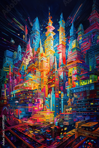 painted neon colored skyscraper background, colorful illustration of a mega metropolis, Generative AI © Dirschl
