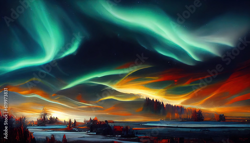 Luminous peaks. Intuitive oil painting of the Northern lights illuminating the mountains. AI-generated
