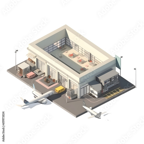 Isometric airport terminal building. Vector illustration isolated on white background.