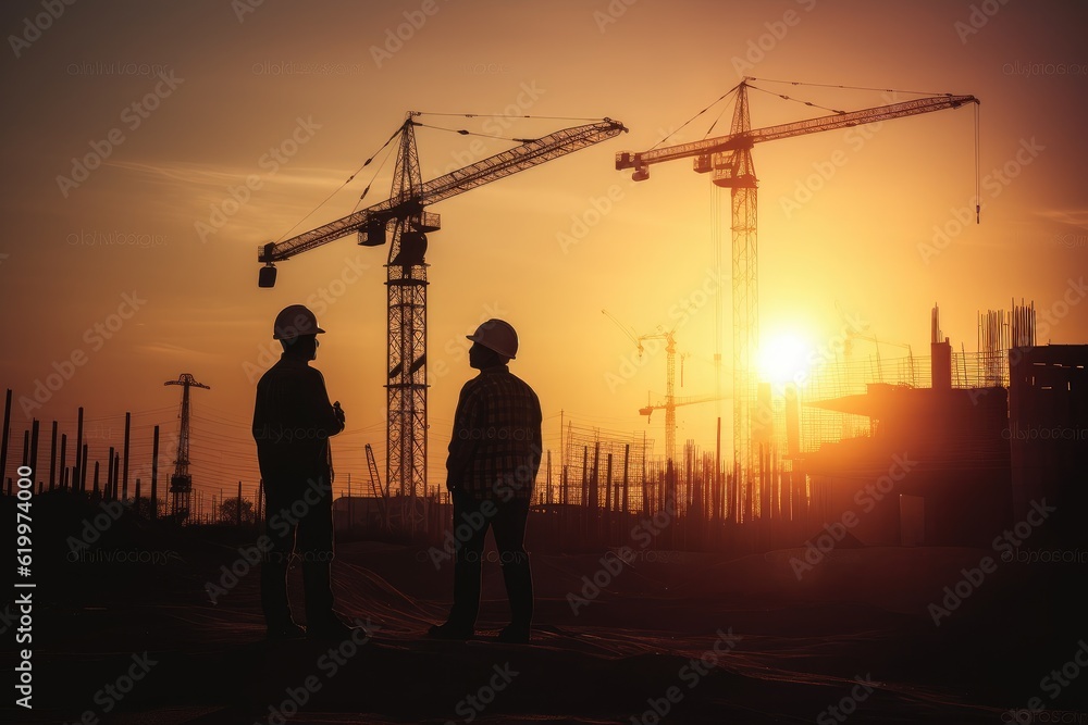 Two workers at a construction site at sunset