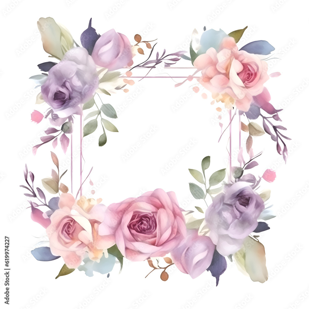 Watercolor floral frame with roses. leaves and branches on white background