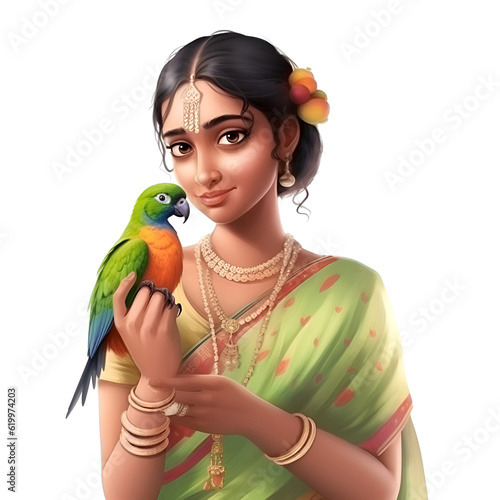Beautiful Indian woman with a parrot on a white background.