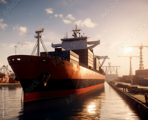 Container ship moored at the dock, AI generated