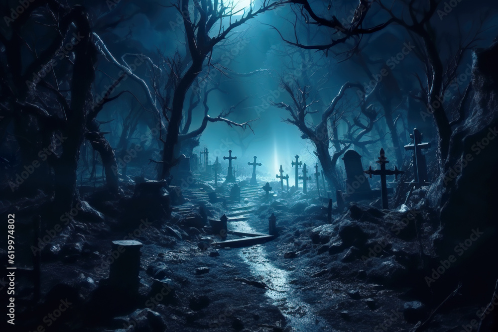 Fototapeta premium Graveyard on Halloween, scary cemetery with blue light at creepy night