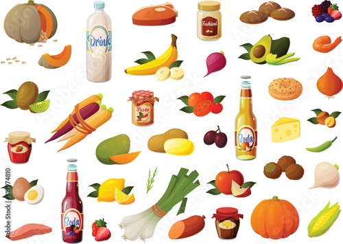 cute vector illustration of various kinds of produce found at a local farmers market.