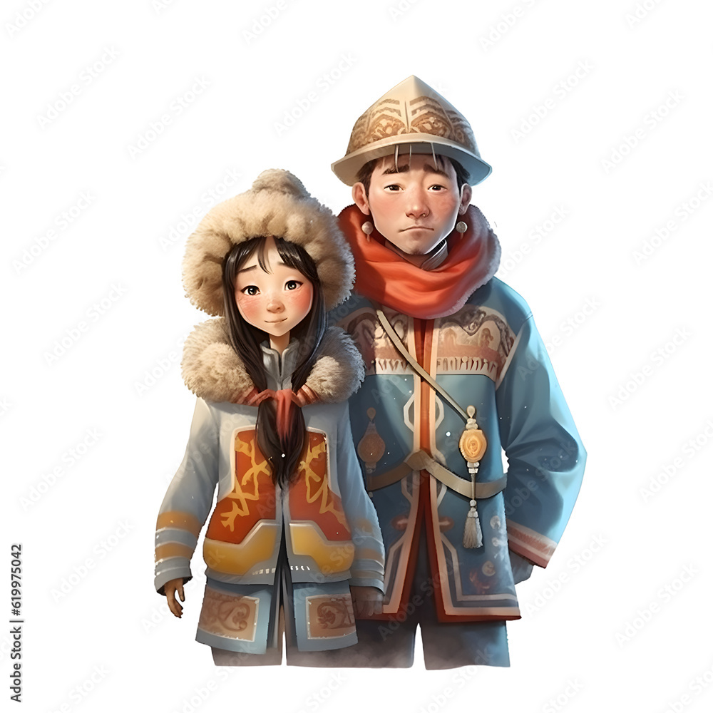 Illustration of a young boy and girl in winter clothes on white background