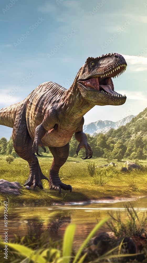Fototapeta premium Tyrannosaurus dinosaur 3d render. AI generated art illustration. 
