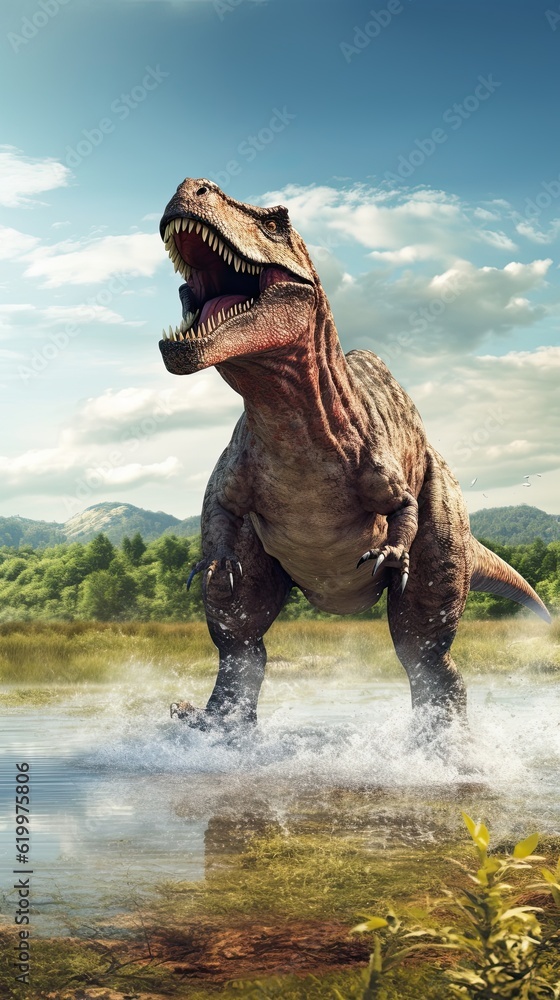 Fototapeta premium Tyrannosaurus dinosaur 3d render. AI generated art illustration. 