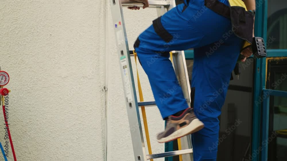 Expert repairman in professional uniform with technical equipment climbing folding ladder to do maintenance on rooftop air conditioner. Efficient technician commissioned to checkup on hvac system Expert repairman in professional uniform with technical equipment climbing folding ladder to do maintenance on rooftop air conditioner. Efficient technician commissioned to checkup on hvac system