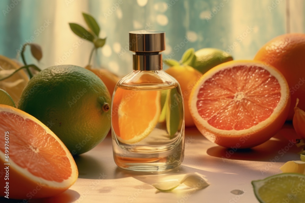 perfume bottle on citrus background. AI generated perfume bottle on citrus background. AI generated
