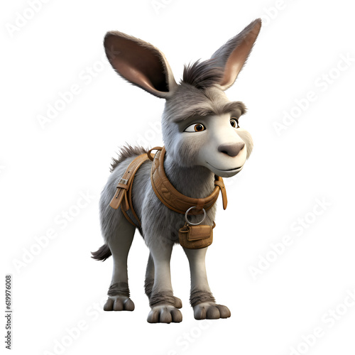 Donkey with harness standing on white background - 3D Illustration