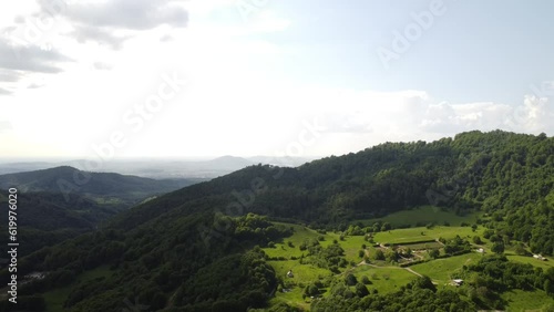 Aerial drone shot over the hills of Luna Ses Romania