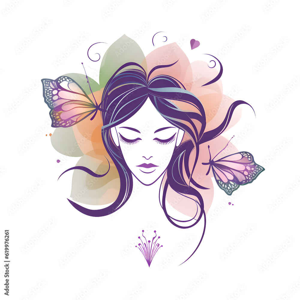 Beautiful girl with butterfly in her hair. Hand drawn vector illustration.