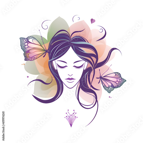 Beautiful girl with butterfly in her hair. Hand drawn vector illustration.