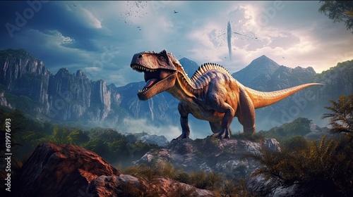 Tyrannosaurus dinosaur 3d render. AI generated art illustration.
