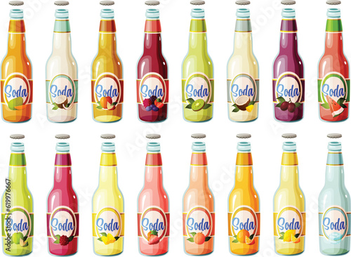 Cute vector illustration of various colorful soda bottles with fruit flavors and labels.
