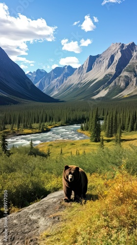 Bear in the lake. AI generated art illustration. 