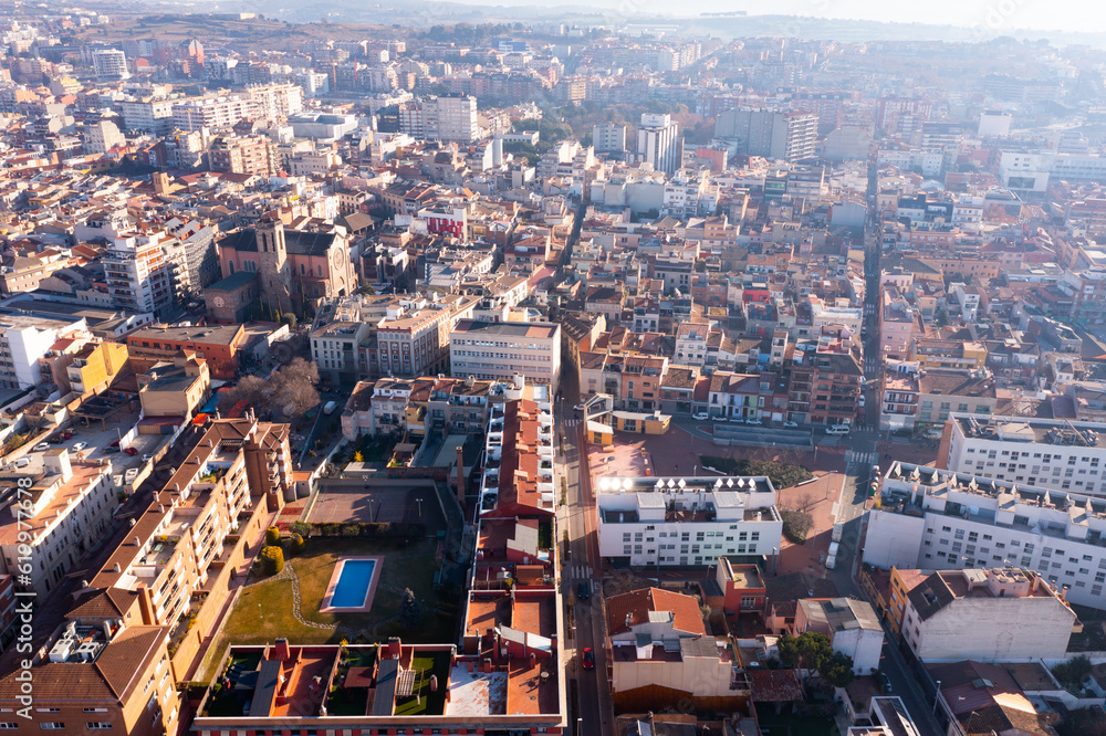 Bird's eye view of Spanish city Granollers in province of Barcelona, Catalonia.