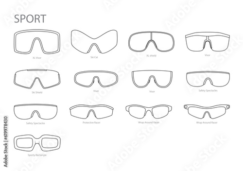 Set of Sport frame glasses fashion accessory illustration. Sunglass front view for Men, women, unisex silhouette style, flat rim spectacles eyeglasses with lens sketch style outline isolated on white