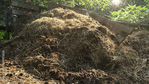 Dung heap on a farm near Berlin. Dunghill in the sunlight.