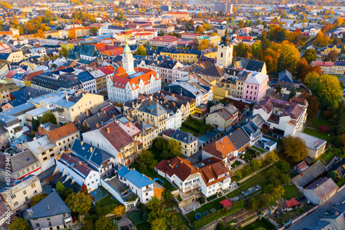 Aerial view of Sumperk cityscape overlooking Town hall and Saint John Baptist church on autumn day, Czech Republic