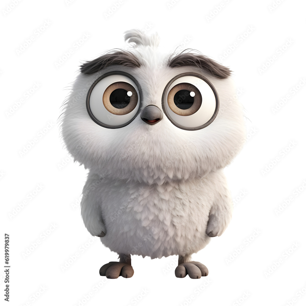Funny owl with glasses on a white background. 3D rendering.