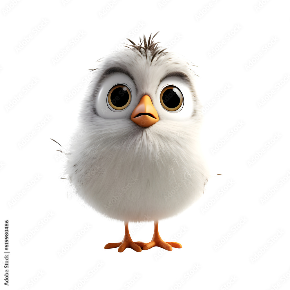 3D rendering of a cute little chicken with a funny expression.