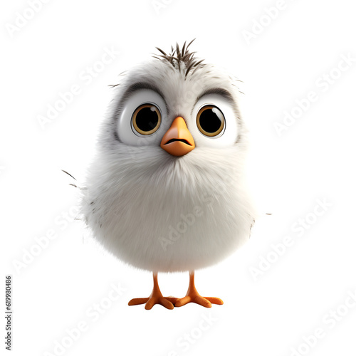 3D rendering of a cute little chicken with a funny expression.