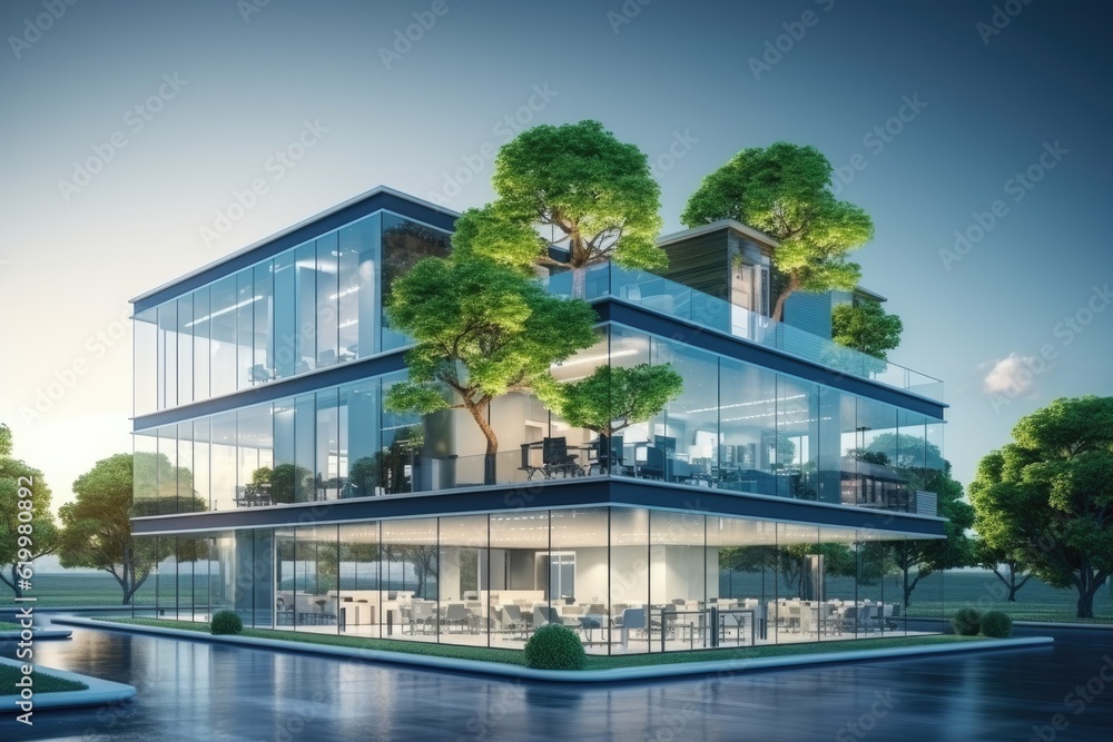 Modern environmentally friendly building. Sustainable glass office with wood to reduce carbon footprint. Office surrounded by greenery. Corporate buildings reduce CO2 emissions. ai generative Modern environmentally friendly building. Sustainable glass office with wood to reduce carbon footprint. Office surrounded by greenery. Corporate buildings reduce CO2 emissions. ai generative