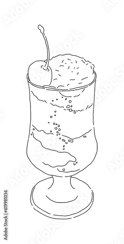 Hand drawn illustration of Melon Soda, one of Japan's representative drinks. It is a carbonated soft drink with melon flavor added to soda, sold in cafes, and contains ice cream and cherries.