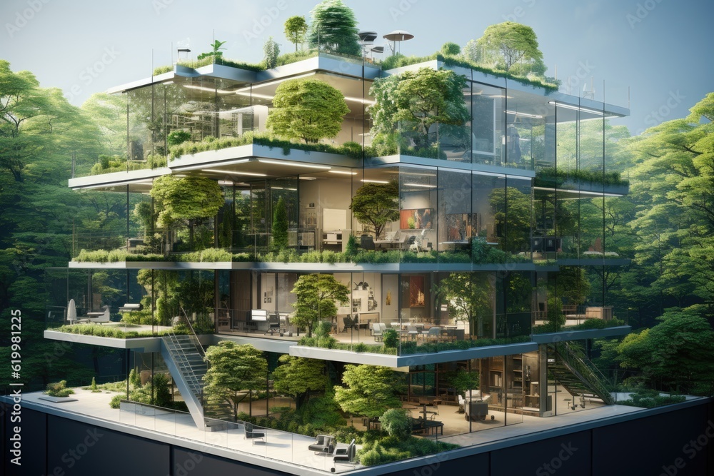 Modern environmentally friendly building. Sustainable glass office with wood to reduce carbon footprint. Office surrounded by greenery. Corporate buildings reduce CO2 emissions. ai generative Modern environmentally friendly building. Sustainable glass office with wood to reduce carbon footprint. Office surrounded by greenery. Corporate buildings reduce CO2 emissions. ai generative