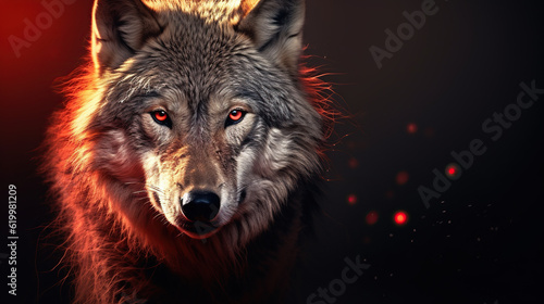 A beautiful image of a wolf with a red light. Dramatic tone.AI generated image. © Jacques Evangelista
