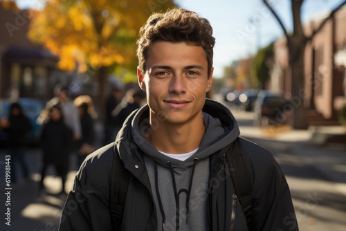 Young hispanic high school student looking at the camera posing outside 