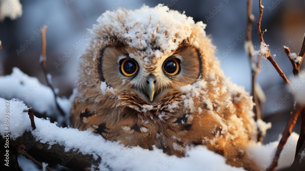An adorable fluffy owl on the snowy ground. Generative AI. An adorable fluffy owl on the snowy ground. Generative AI.