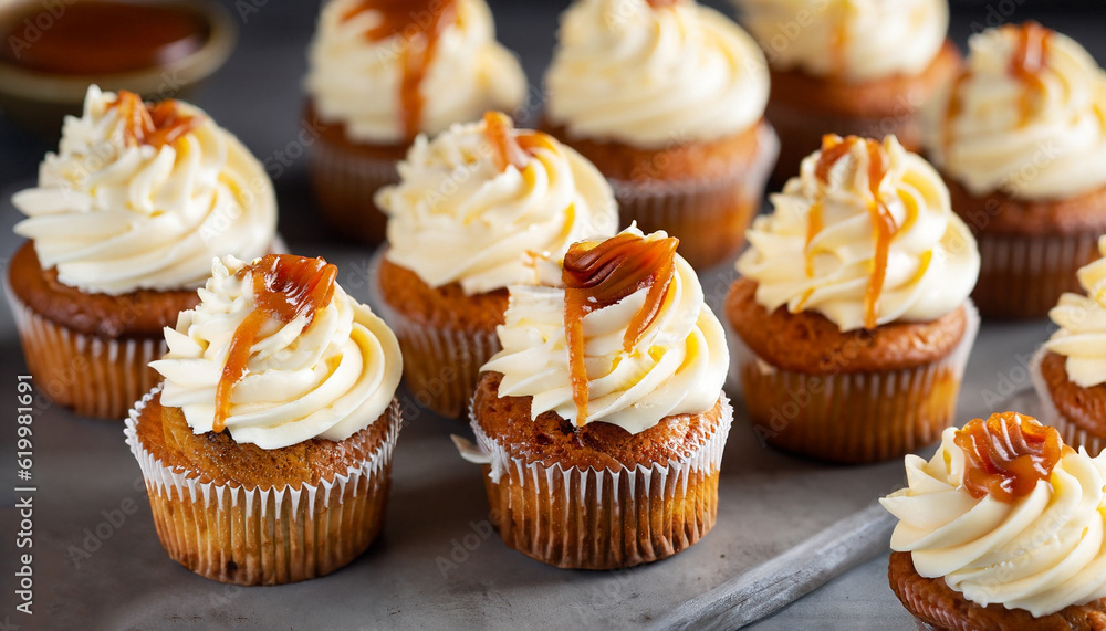 Homemade butterscotch cupcakes with caramel syrup and cream cheese frosting