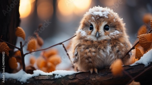 Foto An adorable fluffy owl on the snowy ground. Generative AI.