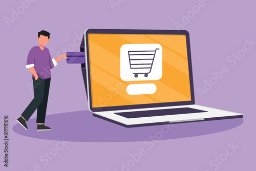 Character flat drawing attractive man inserting credit card into large laptop screen with shopping cart inside. E-commerce, digital payment and online store concept. Cartoon design vector illustration