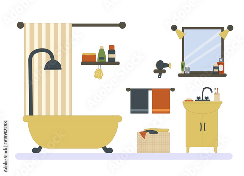 Bathroom interior. Bathtub with curtain, cabinet with faucet and mirror, hygiene items, towel and linen basket. Vector. For brochures, flyers, prints and furniture stores.