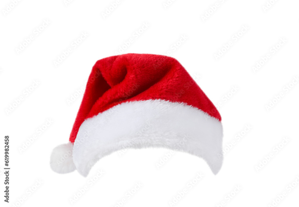 Red Santa Claus Christmas hat isolated cutout on transparent - obrazy, fototapety, plakaty 