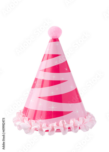 Pink birthday party hat isolated cutout on transparent