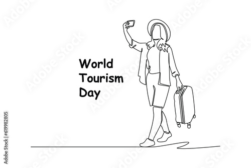 Single one line drawing World tourism day concept. Continuous line draw design graphic vector illustration.