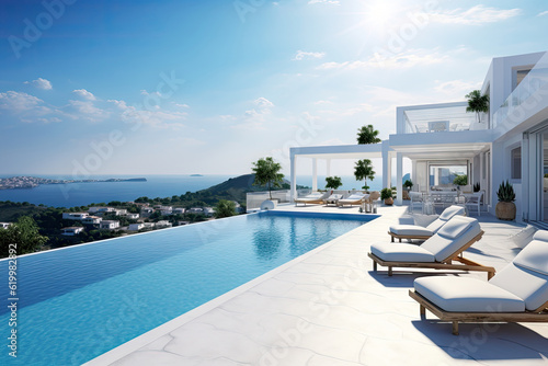 White Mediterranean Modern and luxury Hotel lounge building architecture design concept  summer villa house residence and private with swimming pool and sea view  resort  with Generative Ai.