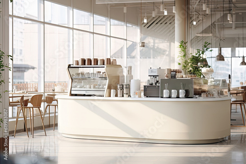 Minimal interior design coffee cafe bar shop with beige cozy tone style and with glossy ivory white round corner counter, coffee machinery, with Generative Ai. photo